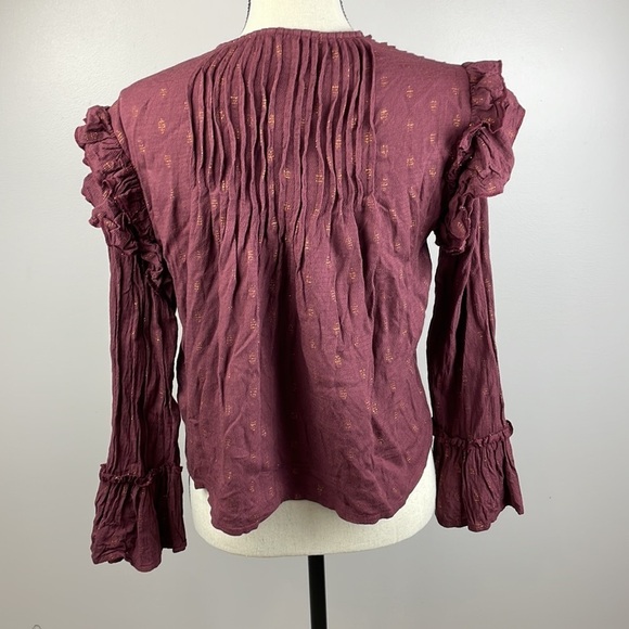 Versona Cropped Blouse SZ S Ruffle Sleeves Maroon with Gold Sparkles - Picture 8 of 11
